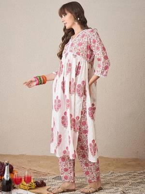 Floral Printed V-Neck Empire Pure Cotton A-Line Kurta With Trouser 4