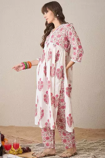 Floral Printed V-Neck Empire Pure Cotton A-Line Kurta With Trouser