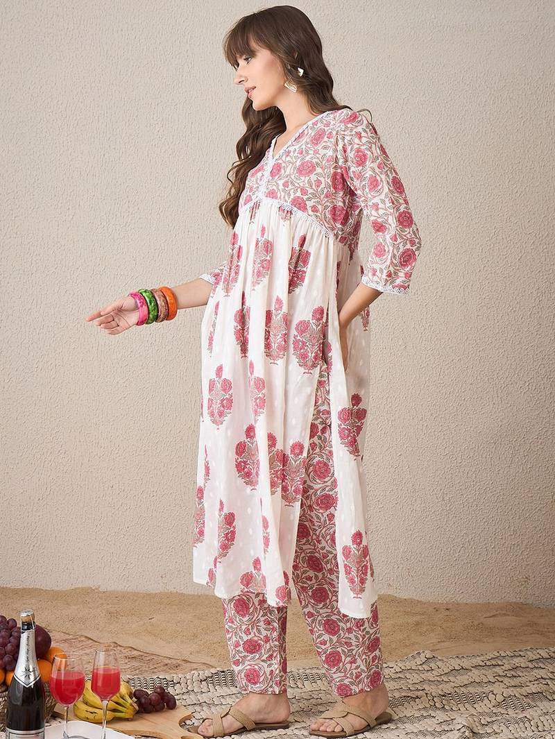 Floral Printed V-Neck Empire Pure Cotton A-Line Kurta With Trouser