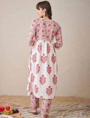 Floral Printed V-Neck Empire Pure Cotton A-Line Kurta With Trouser 5
