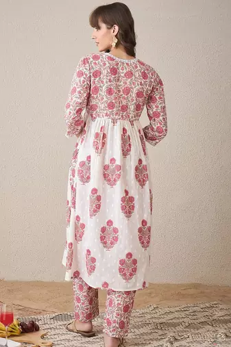 Floral Printed V-Neck Empire Pure Cotton A-Line Kurta With Trouser