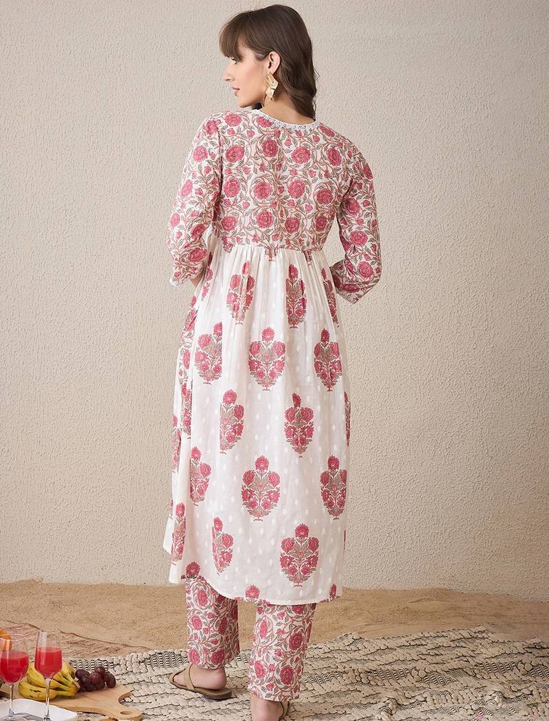 Floral Printed V-Neck Empire Pure Cotton A-Line Kurta With Trouser
