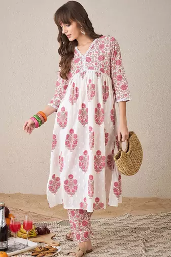 Floral Printed V-Neck Empire Pure Cotton A-Line Kurta With Trouser