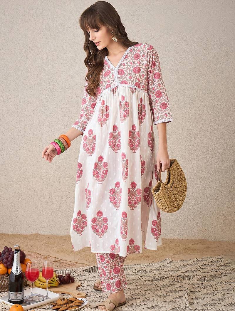 Floral Printed V-Neck Empire Pure Cotton A-Line Kurta With Trouser