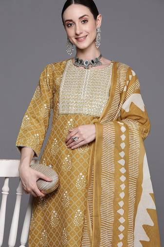 Ethnic Motifs Embroidered Pure Cotton Straight Kurta With Trousers & Dupatta