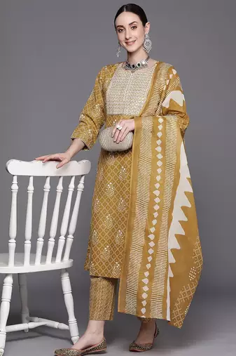 Ethnic Motifs Embroidered Pure Cotton Straight Kurta With Trousers & Dupatta