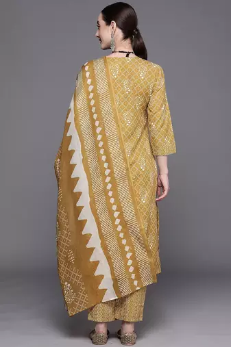 Ethnic Motifs Embroidered Pure Cotton Straight Kurta With Trousers & Dupatta