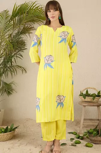 Floral Printed Notch Neck Straight Kurta With Trousers