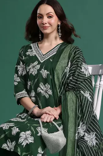 Floral Printed Regular Pure Cotton Kurta with Trousers & Dupatta
