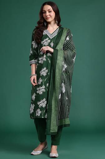 Floral Printed Regular Pure Cotton Kurta with Trousers & Dupatta