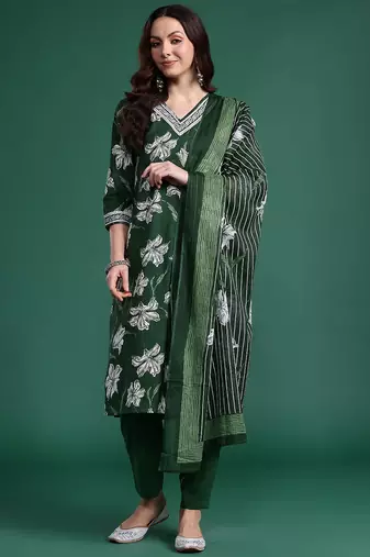 Floral Printed Regular Pure Cotton Kurta with Trousers & Dupatta