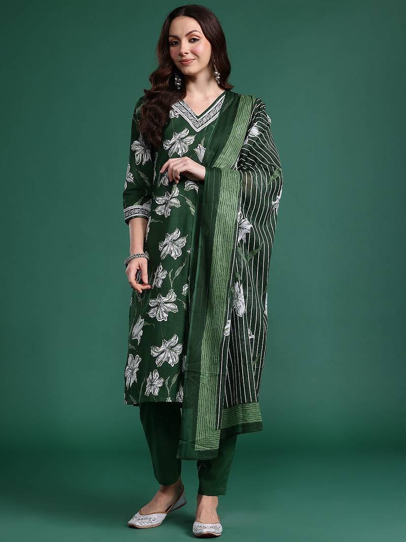 Floral Printed Regular Pure Cotton Kurta with Trousers & Dupatta