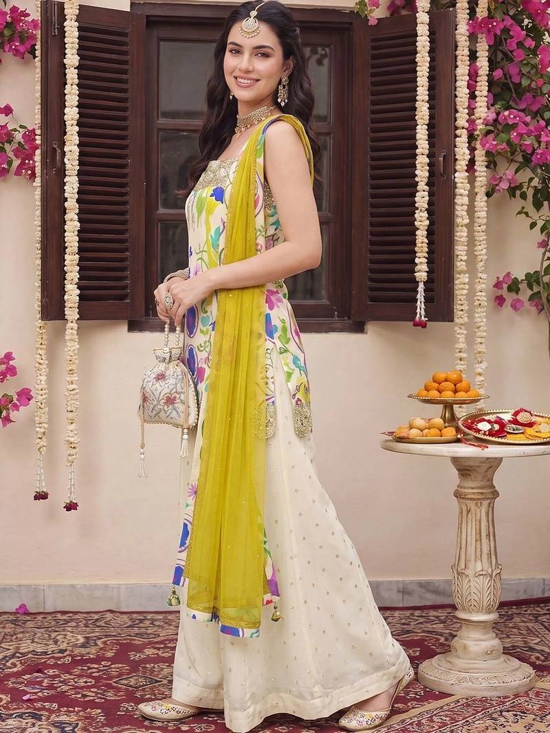 Women Floral Printed Regular Thread Work Kurta with Palazzos & With Dupatta