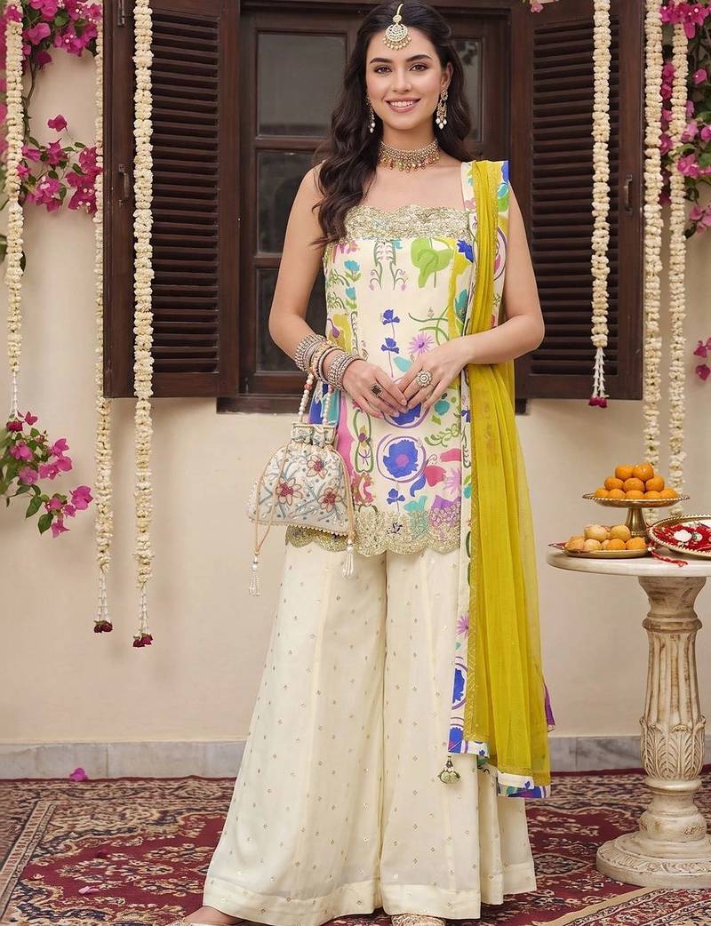 Women Floral Printed Regular Thread Work Kurta with Palazzos & With Dupatta