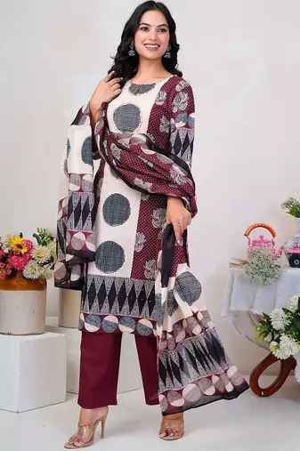 Women Floral Printed Regular Thread Work Pure Cotton Kurta with Trousers & With Dupatta