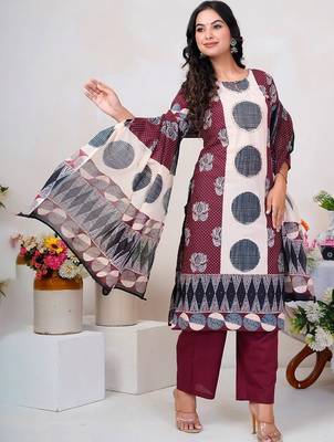 Women Floral Printed Regular Thread Work Pure Cotton Kurta with Trousers & With Dupatta 1