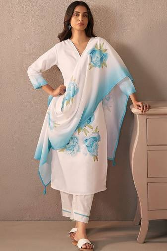 Floral Printed V-Neck Linen Straight Kurta With Trousers & Dupatta
