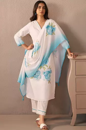 Floral Printed V-Neck Linen Straight Kurta With Trousers & Dupatta