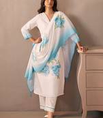 Floral Printed V-Neck Linen Straight Kurta With Trousers & Dupatta