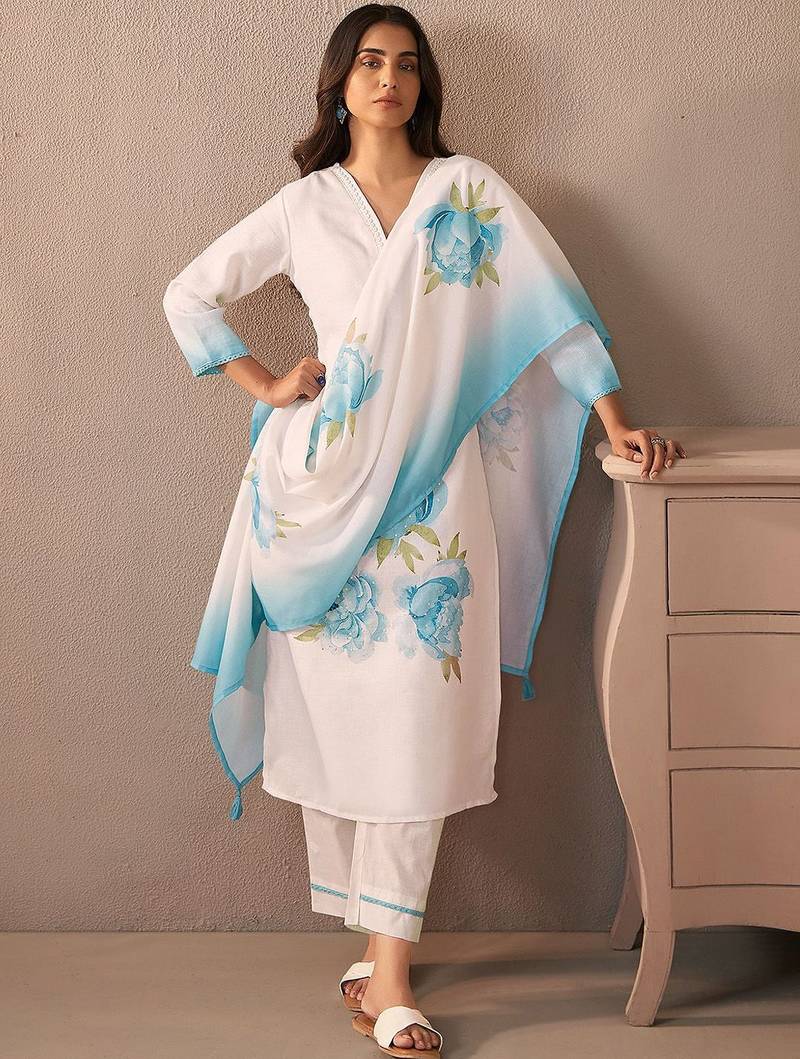 Floral Printed V-Neck Linen Straight Kurta With Trousers & Dupatta