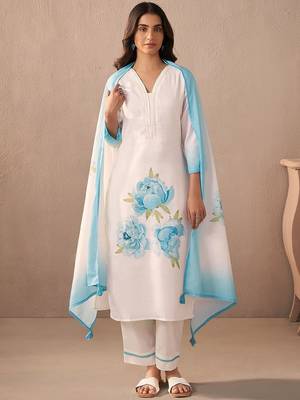 Floral Printed V-Neck Linen Straight Kurta With Trousers & Dupatta 2