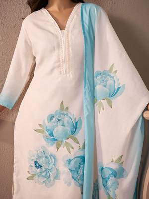 Floral Printed V-Neck Linen Straight Kurta With Trousers & Dupatta 3