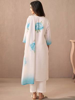 Floral Printed V-Neck Linen Straight Kurta With Trousers & Dupatta 4
