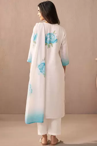 Floral Printed V-Neck Linen Straight Kurta With Trousers & Dupatta