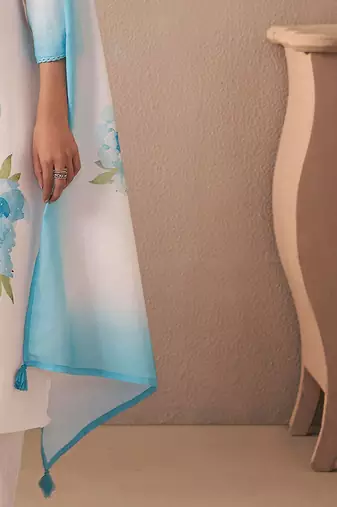 Floral Printed V-Neck Linen Straight Kurta With Trousers & Dupatta