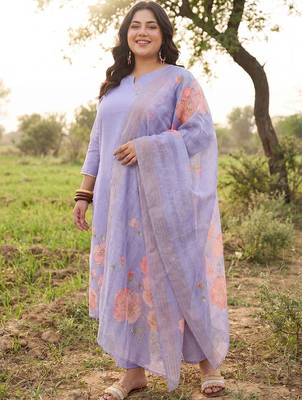Plus Size Purple Printed Straight Kurta Trousers With Dupatta Set 1