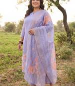 Plus Size Purple Printed Straight Kurta Trousers With Dupatta Set