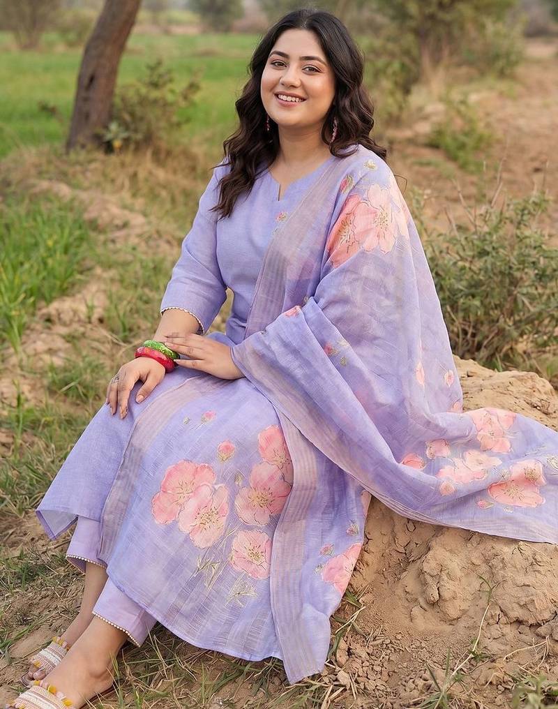 Plus Size Purple Printed Straight Kurta Trousers With Dupatta Set