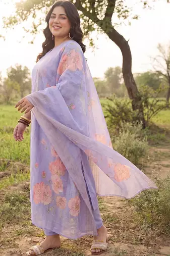 Plus Size Purple Printed Straight Kurta Trousers With Dupatta Set