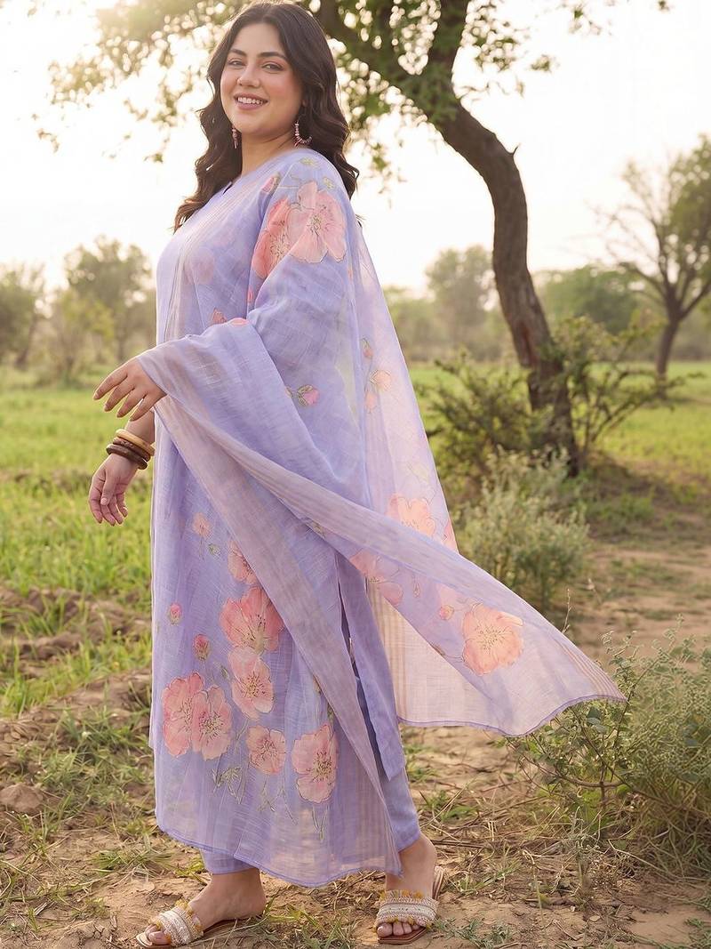 Plus Size Purple Printed Straight Kurta Trousers With Dupatta Set