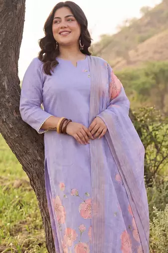 Plus Size Purple Printed Straight Kurta Trousers With Dupatta Set