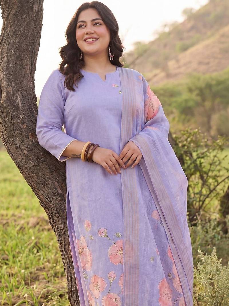 Plus Size Purple Printed Straight Kurta Trousers With Dupatta Set
