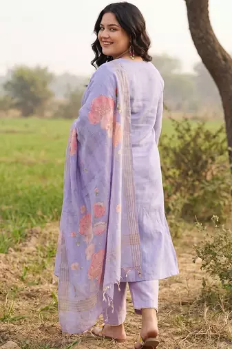 Plus Size Purple Printed Straight Kurta Trousers With Dupatta Set