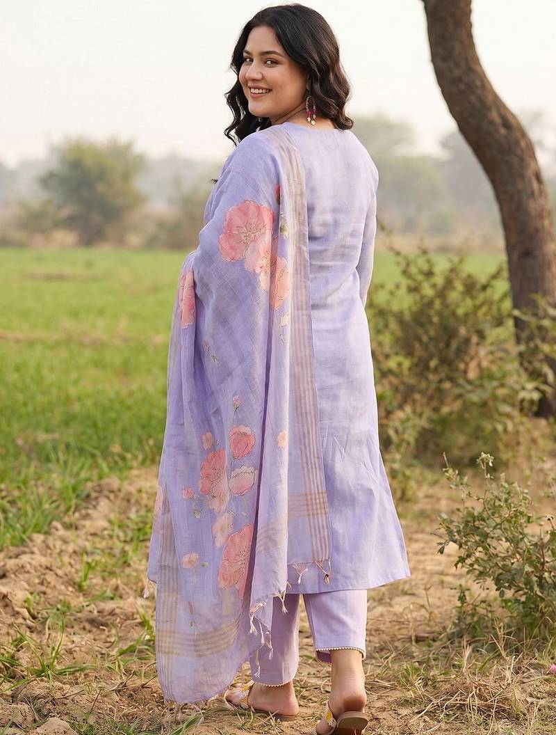 Plus Size Purple Printed Straight Kurta Trousers With Dupatta Set
