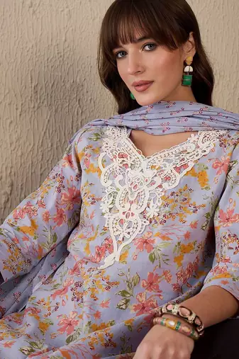 Women Floral Printed Regular Thread Work Pure Cotton Kurta with Salwar & With Dupatta