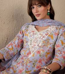 Women Floral Printed Regular Thread Work Pure Cotton Kurta with Salwar & With Dupatta
