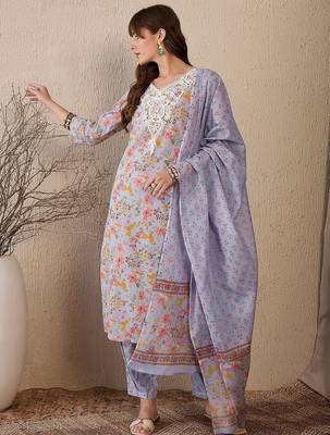 Women Floral Printed Regular Thread Work Pure Cotton Kurta with Salwar & With Dupatta 1