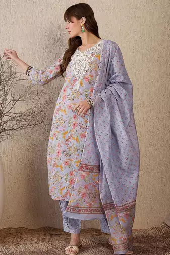 Women Floral Printed Regular Thread Work Pure Cotton Kurta with Salwar & With Dupatta