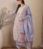 Women Floral Printed Regular Thread Work Pure Cotton Kurta with Salwar & With Dupatta