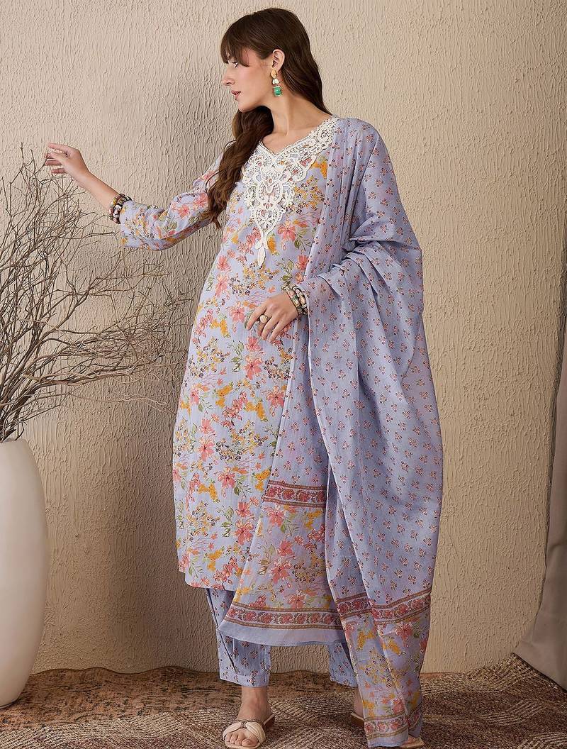 Women Floral Printed Regular Thread Work Pure Cotton Kurta with Salwar & With Dupatta