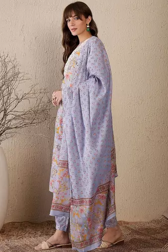 Women Floral Printed Regular Thread Work Pure Cotton Kurta with Salwar & With Dupatta