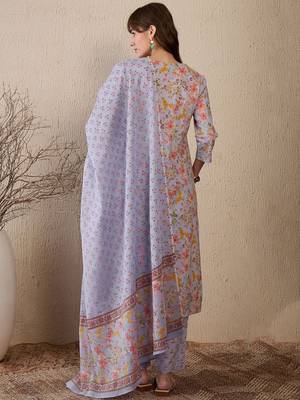 Women Floral Printed Regular Thread Work Pure Cotton Kurta with Salwar & With Dupatta 5