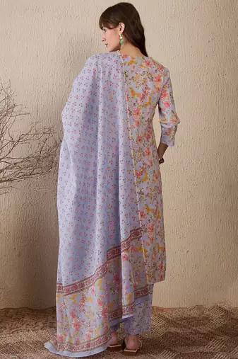 Women Floral Printed Regular Thread Work Pure Cotton Kurta with Salwar & With Dupatta