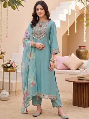 women ethnic motifs embroidered regular thread work kurta with trousers & with dupatta 1