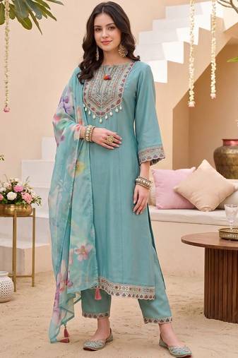 Women Ethnic Motifs Embroidered Regular Thread Work Kurta with Trousers & With Dupatta