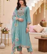 women ethnic motifs embroidered regular thread work kurta with trousers & with dupatta
